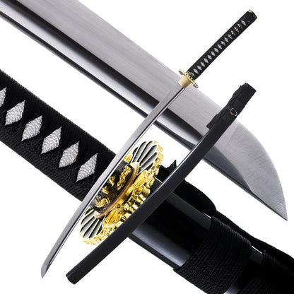 1060 Steel Katana Golden Sunflower Tsuba Black Saya