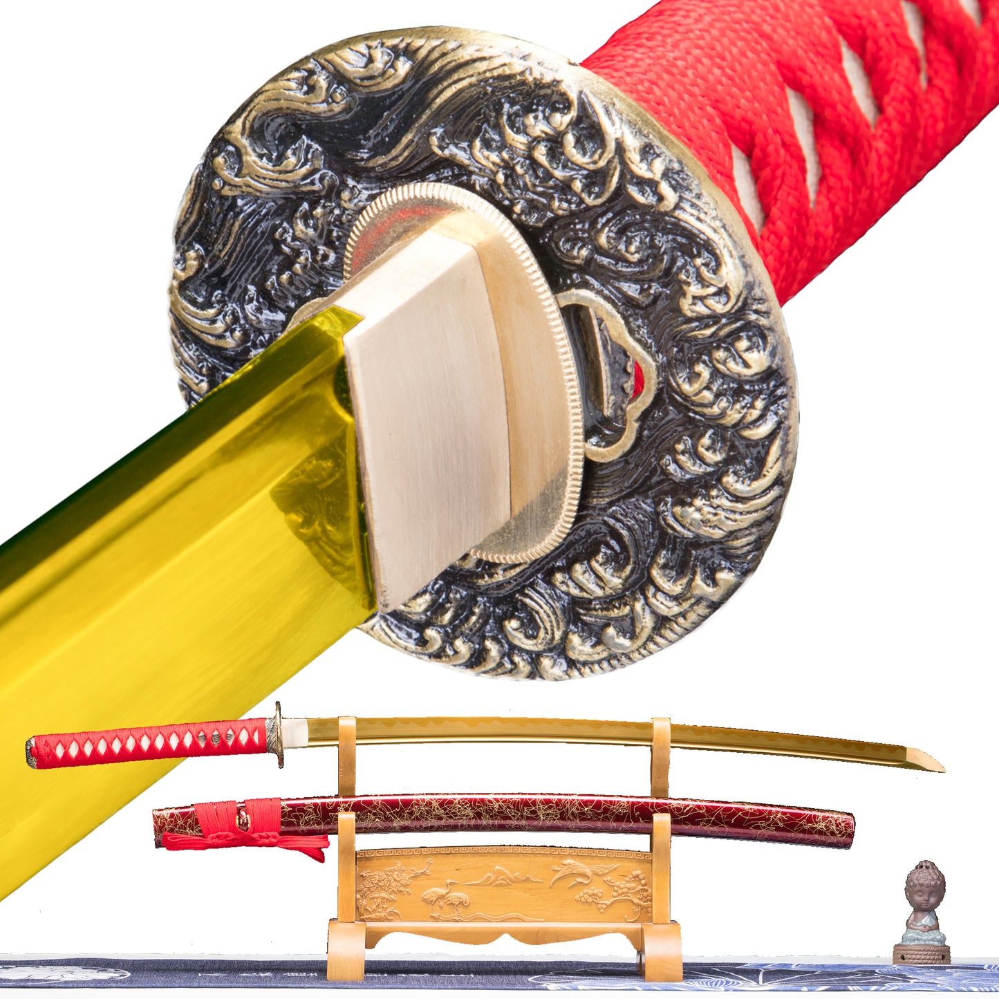 1060 Steel Katana Golden Blade Real Hamon Red Style