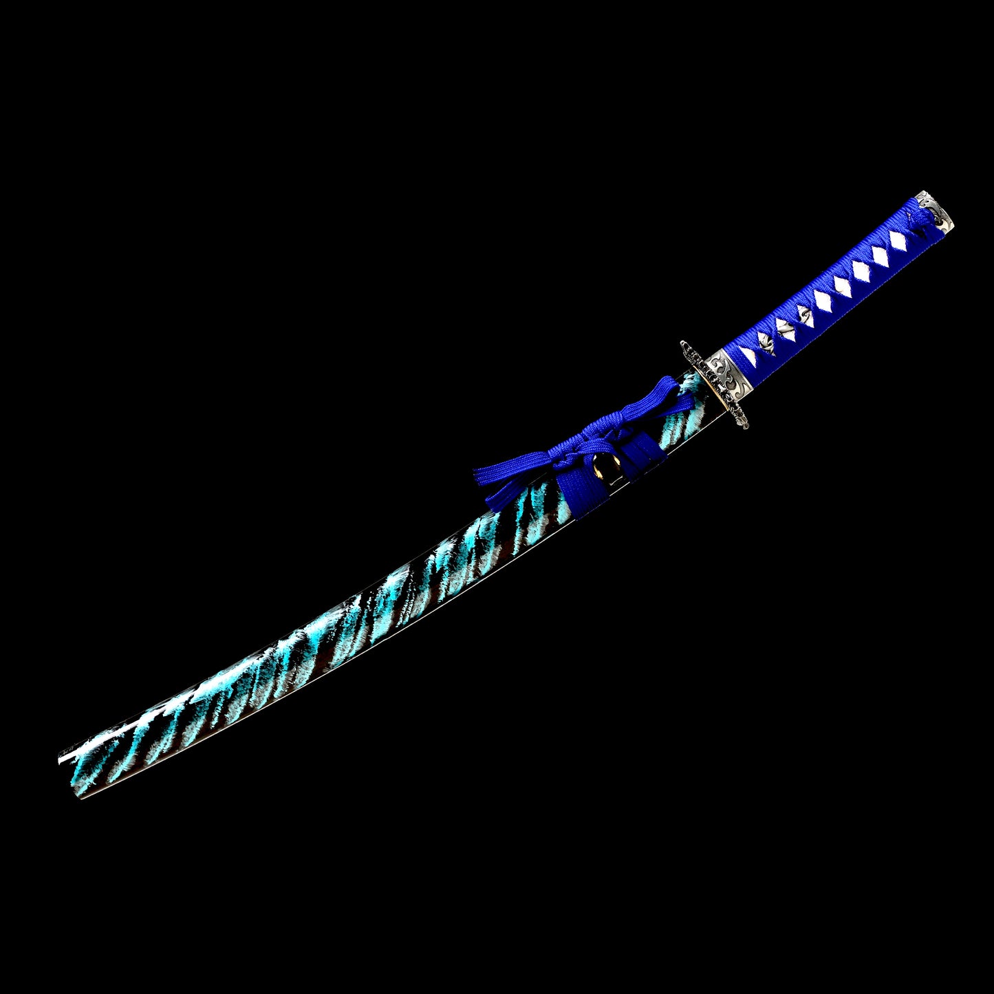 1060 Steel Wakizashi Blue Blade Carving Wave Pattern