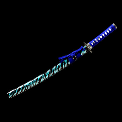 1060 Steel Wakizashi Blue Blade Carving Wave Pattern