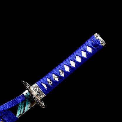 1060 Steel Wakizashi Blue Blade Carving Wave Pattern