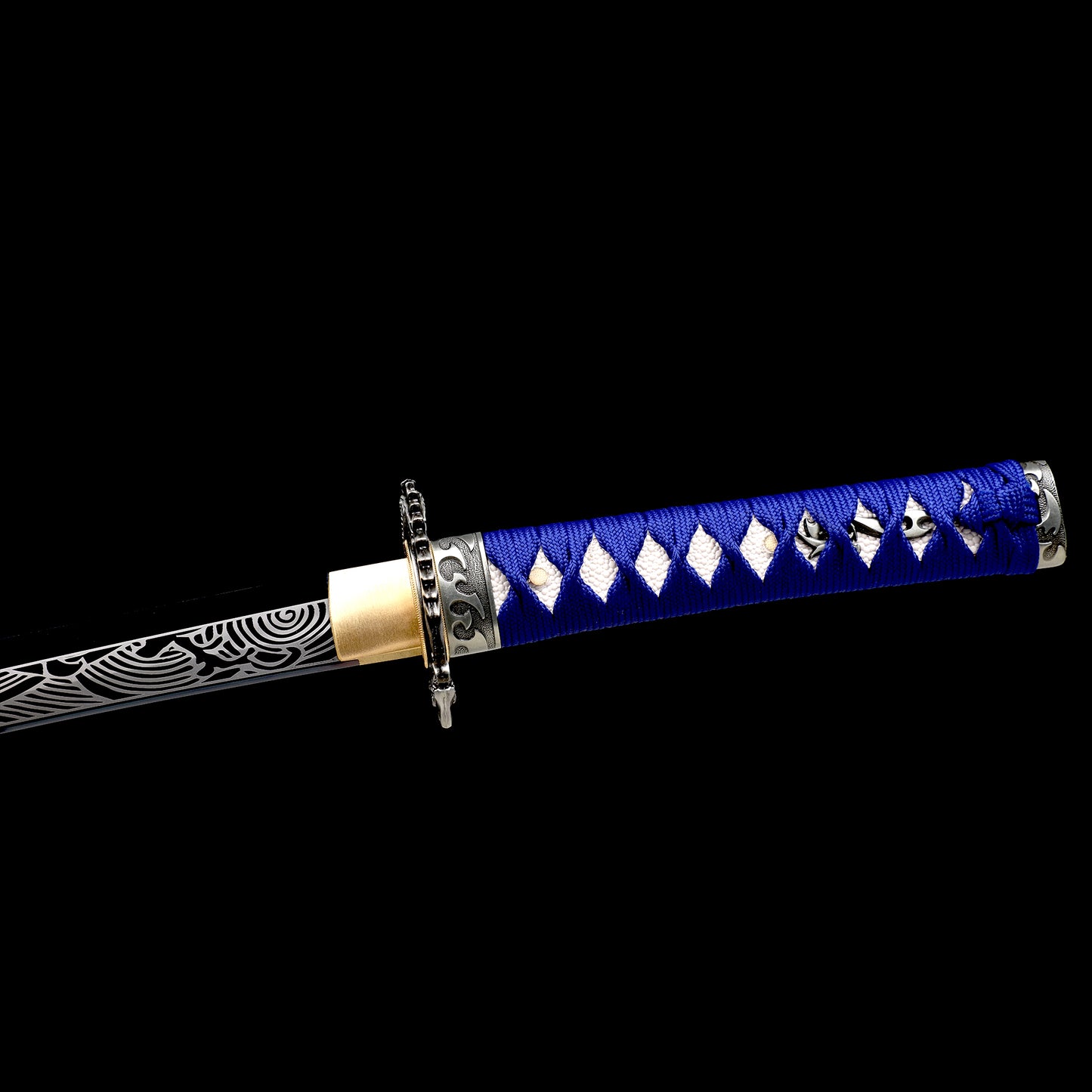 1060 Steel Wakizashi Blue Blade Carving Wave Pattern