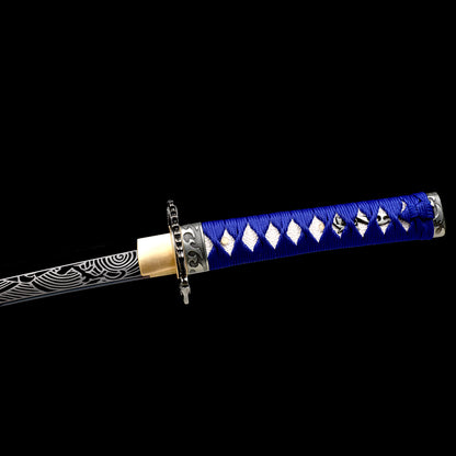 1060 Steel Wakizashi Blue Blade Carving Wave Pattern