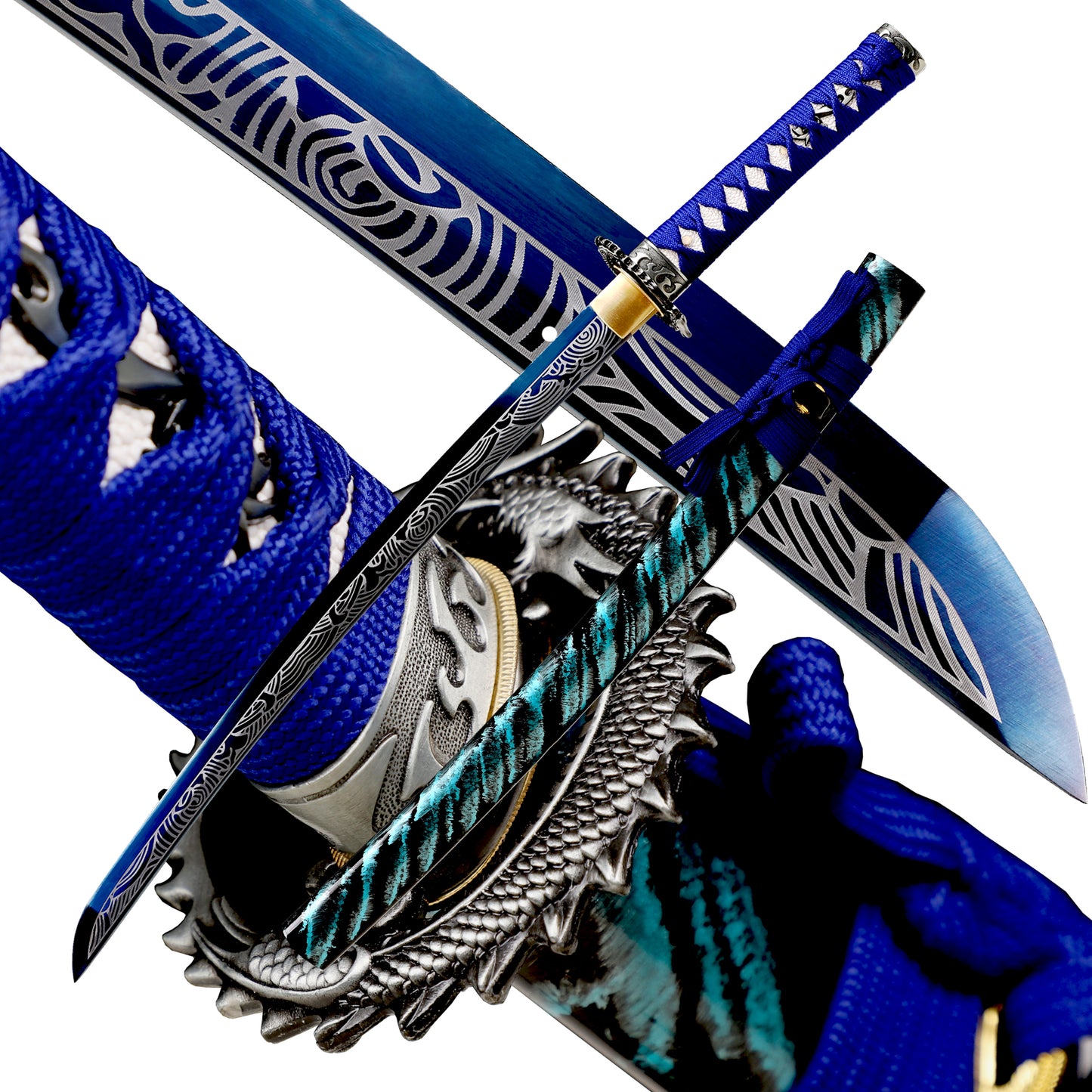 1060 Steel Wakizashi Blue Blade Carving Wave Pattern